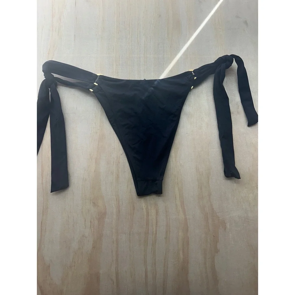 L*Space Womens Tanga Cut Bikini Bottom Black Gold‎ Hardware Side Tie XL NEW